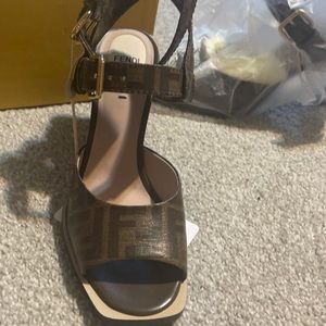 Authentic Fendi Logo  embossed canvas high heel sandals